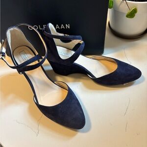 Cole Haan, Lacey Wedge Navy Suede Heels, 6.5
